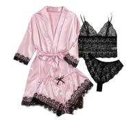 Generisch Vestito estivo da donna, set da 4 pezzi, con spalline in raso e accappatoio da donna, seducente e confortevole, Rosa chiaro., S