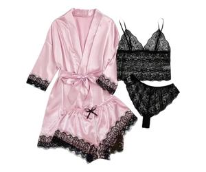 Generisch Vestito estivo da donna, set da 4 pezzi, con spalline in raso e accappatoio da donna, seducente e confortevole, Rosa chiaro., S