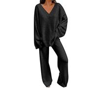Generisch Vestito invernale in due pezzi da donna 2022, maglione a maniche lunghe con scollo rotondo, pantaloni lunghi, tuta da allenamento, tuta, Nero , L