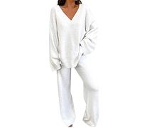 Generisch Vestito invernale in due pezzi da donna 2022, maglione a maniche lunghe con scollo rotondo, pantaloni lunghi, tuta da allenamento, tuta, bianco, L