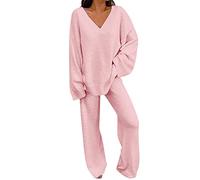 Generisch Vestito invernale in due pezzi da donna 2022, maglione a maniche lunghe con scollo rotondo, pantaloni lunghi, tuta da allenamento, tuta, Colore: rosa., L