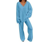 Generisch Vestito invernale in due pezzi da donna 2022, maglione a maniche lunghe con scollo rotondo, pantaloni lunghi, tuta da allenamento, tuta, Blu, L