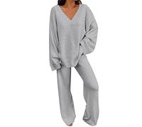 Generisch Vestito invernale in due pezzi da donna 2022, maglione a maniche lunghe con scollo rotondo, pantaloni lunghi, tuta da allenamento, tuta, grigio., L