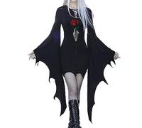 Generisch Vestito medievale da donna per Halloween, costume vintage con scheletro vampiro, mantello con cappuccio, a maniche lunghe, in velluto zombie, mantello da strega rinascimentale, maxi abito