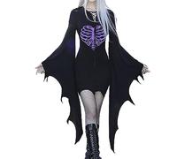 Generisch Vestito medievale da donna per Halloween, costume vintage con scheletro vampiro, mantello con cappuccio, a maniche lunghe, in velluto zombie, mantello da strega rinascimentale, maxi abito