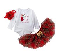 Generisch Vestito natalizio per bambini, per neonata, 1° lettera, My First Christmas Outfit per bambini, vestito di Natale per ragazze, Vino, 1-2 Anni