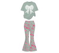 Generisch Vestito per San Valentino per bambine: top a maniche corte con fiocco a forma di cuore e pantaloni abbinati, un dolce e casual, Verde menta, 12-13 Jahre