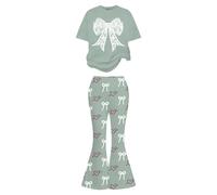 Generisch Vestito per San Valentino per bambine: top a maniche corte con fiocco a forma di cuore e pantaloni abbinati, un dolce e casual, Verde menta, 11-12 Jahre