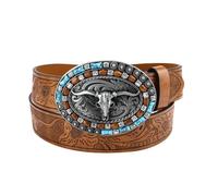 Generisch Western Cowboy, cintura con testa di toro grande, con fibbia alla moda, stile retrò, da uomo, stile punk, cintura in pelle, cachi, 110 cm