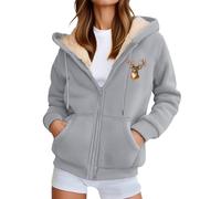 Generisch Winter Casual Sports - Giacca in pile con stampa festosa, chiusura lampo, con cappuccio per borse, capispalla, grigio chiaro., L