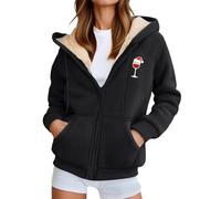 Generisch Winter Casual Sports - Giacca in pile con stampa festosa, chiusura lampo, con cappuccio per borse, capispalla, Nero , M
