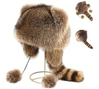 Generisch Winter Cute Raccoon Plush Hats, Raccoon Hat with Tail, Soft Faux Fur Animal Ear Flap Trapper Hat with Pom Poms, Warm Cozy Beanie for Kids and Adults (Children)