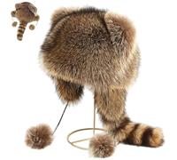 Generisch Winter Cute Raccoon Plush Hats, Raccoon Hat with Tail, Warm Faux Fur Animal Ear Flap Hat, Soft Cozy Parent Child Trapper Hat for Kids and Adults Cold Weather (Children)