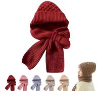 Generisch Winter Versatile Knitted Hooded Scarf for Women Integrated Windproof Ear Protection Scarf Hat Set, Thick Knit Hooded Cap Scarf for Cold, Warm Winter Accessory, Colore: rosso, Taglia unica