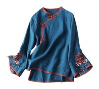 Generisch Wrap Top Donna Primavera Nuovo Retro Stile Etnico Temperamento Ricamo Casual E Confortevole Slim Camicia Manica Lunga Top La mia fattura Annunci, Blu, XXL