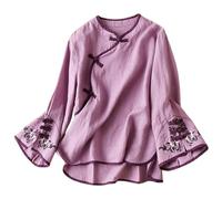 Generisch Wrap Top Donna Primavera Nuovo Retro Stile Etnico Temperamento Ricamo Casual E Confortevole Slim Camicia Manica Lunga Top La mia fattura Annunci, Lilla, XXL