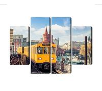 Generisch WTD - Stampa su tela multicolore con treno giallo a Berlino su binari, decorazione moderna da parete e stampa artistica | Murale per soggiorno, camera da letto, cucina, corridoio, XXL, 120 x