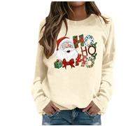Generisch Xmas - Felpa natalizia da donna, a maniche lunghe, con Babbo Natale, con Babbo Natale, per Natale, abbigliamento natalizio, top da donna, A1-beige., XXL
