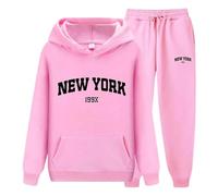 Generisch YORK - Felpa da donna con cappuccio e pantaloni da jogging, unisex, per il tempo libero, con stampa di lettere, comoda tuta per coppie