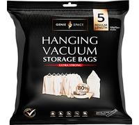 GENIE SPACE Sacchetti Sottovuoto Appendibili Premium per Abiti, Giacche e Cappotti, REGULAR 105×70 cm (5 Pezzi) con Pompa da Viaggio - Riutilizzabili, Ermetici e Anti-odore per Guardaroba e Armadi