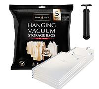 GENIE SPACE Sacchetti Sottovuoto Appendibili Premium per Abiti, Giacche e Cappotti - Set Misto 5 (2XL, 3Reg) con Pompa da Viaggio, Riutilizzabili, Ermetici e Antiodore per Guardaroba e Armadi