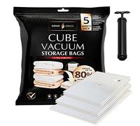 GENIE SPACE Sacchetti Sottovuoto Cubo Premium per Vestiti e Biancheria - Set Misto 5 (1Maxi, 2XL, 2L) con Pompa da Viaggio, Riutilizzabili, Ermetici e Antiodore per Armadi e Guardaroba