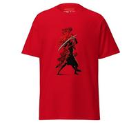 Geniogoods Maglietta ispirata a Assassin's Creed Shadows, opera d'arte Naoe Samurai realizzata dai fan con design rosso e nero, estetica guerriero giapponese per giocatori, Rosso, L