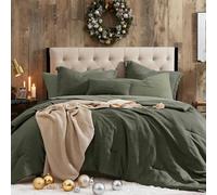 Geniospin Dark Olive Green Queen Comforter Set - 7 Pieces Comforter Queen Size, Solid Bedding Set for All Season, Textured Bed in a Bag with Sheets