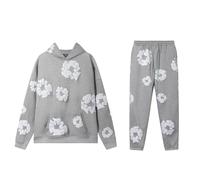 Geniric Unisex Y2K Tracksuit 2-Piece Set - Hooded Long-Sleeve Sweatshirt & Trousers with Flower/Kapok/Foam Print, Plus Size Available, Casual Sports Jogging Hip Hop Streetwear (grey,S)