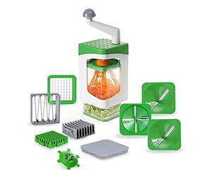 Genius Nicer Dicer Julietti - Affettatrice a spirale, 13 pezzi, con taglierina a cubo, set per spirali e dadi, contiene 7 inserti di taglio e contenitore di raccolta 1200 ml, verde