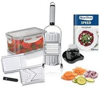 Genius, “Nicer Dicer Speed” - Set multiuso da 9 pezzi per tagliare verdure e frutta, affettatrice con 3 inserti, supporto e contenitore di raccolta da 550 ml, grattugia per parmigiano, julienne e affettatrice a V, colore: argento