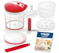 Genius Nicer Dicer Twist - Set di 9 tritatutto universale, taglia verdure manuale con corda, centrifuga per insalata e colino, taglia cipolle per tritare e purea da 1000 ml