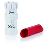 Genius Spremiaglio G5, 3 pezzi, affettatrice aglio Garlic Press con contenitore di raccolta e coperchio, tritatutto aglio, taglierina da cucina, lavabile in lavastoviglie, facile da pulire, bianco
