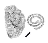 genkigold Orologio con Diamanti per Ragazzi - Quadrante Ottagonale 38mm con Numeri Romani - Placcato in Platino Cinturino 19,5cm - Include Strumento di Regolazione, Abbinato a Catena Cubana 40cm