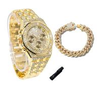 genkigold Orologio con Diamanti per Ragazzi - Quadrante Ottagonale 38mm con Numeri Romani - Placcato in Oro 18K Cinturino 19,5cm - Include Strumento di Regolazione, Abbinato a Catena Cubana 18cm