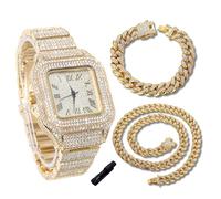 genkigold Orologio con Diamanti per Ragazzi - Quadrante Quadrato 40mm con Numeri Romani - Placcato in Oro 18K Cinturino 18,5cm - Include Strumento di Regolazione, Abbinato a Catene Cubane 18cm+40cm