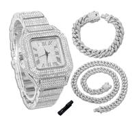 genkigold Orologio con Diamanti per Ragazzi - Quadrante Quadrato 40mm con Numeri Romani - Placcato in Platino Cinturino 18,5cm - Include Strumento di Regolazione, Abbinato a Catene Cubane 18cm+40cm
