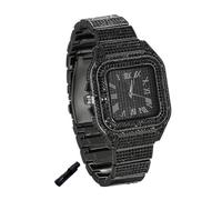 genkigold Orologio con Diamanti per Ragazzi - Quadrante Quadrato 40mm con Numeri Romani - Placcato in Rodio Nero Cinturino 18,5cm - Include Strumento di Regolazione