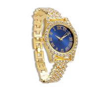 genkigold Orologio con Diamanti per Ragazzi - Quadrante Rotondo 37mm con Numeri Romani in Blu - Placcato in Oro 18K Cinturino 20cm - Include Scatola Regalo