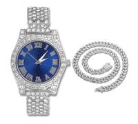 genkigold Orologio con Diamanti per Ragazzi - Quadrante Rotondo 37mm con Numeri Romani in Blu - Placcato in Platino Cinturino 20cm - Include Scatola Regalo, Abbinato a Catena Cubana 40cm