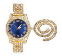 genkigold Orologio con Diamanti per Ragazzi - Quadrante Rotondo 37mm con Numeri Romani in Blu - Placcato in Oro 18K Cinturino 20cm - Include Scatola Regalo, Abbinato a Catena Cubana 40cm