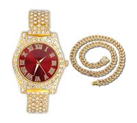 genkigold Orologio con Diamanti per Ragazzi - Quadrante Rotondo 37mm con Numeri Romani in Rosso - Placcato in Oro 18K Cinturino 20cm - Include Scatola Regalo, Abbinato a Catena Cubana 40cm