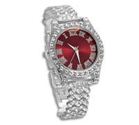 genkigold Orologio con Diamanti per Ragazzi - Quadrante Rotondo 37mm con Numeri Romani in Rosso - Placcato in Platino Cinturino 20cm - Include Scatola Regalo