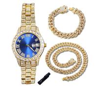 Genkigold Orologio con Diamanti per Ragazzi - Quadrante Rotondo 42mm con Numeri Romani in Blu - Placcato in Oro 18K Cinturino 20cm - Include Strumento di Regolazione,Abbinato a Catene Cubane 18cm+40cm