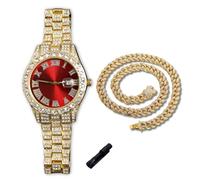 genkigold Orologio con Diamanti per Ragazzi - Quadrante Rotondo 42mm con Numeri Romani in Rosso - Placcato in Oro 18K Cinturino 20cm - Include Strumento di Regolazione, Abbinato a Catena Cubana 40cm