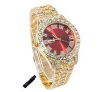 genkigold Orologio con Diamanti per Ragazzi - Quadrante Rotondo 42mm con Numeri Romani in Rosso - Placcato in Oro 18K Cinturino 20cm - Include Strumento di Regolazione
