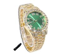 genkigold Orologio con Diamanti per Ragazzi - Quadrante Rotondo 42mm con Numeri Romani in Verde - Placcato in Oro 18K Cinturino 20cm - Include Strumento di Regolazione