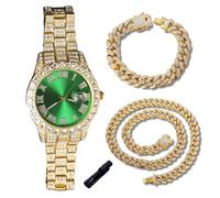 Genkigold Orologio con Diamanti per Ragazzi - Quadrante Rotondo 42mm con Numeri Romani in Verde -Placcato in Oro 18K Cinturino 20cm -Include Strumento di Regolazione,Abbinato a Catene Cubane 18cm+40cm