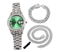Genkigold Orologio con Diamanti per Ragazzi - Quadrante Rotondo 42mm con Numeri Romani in Verde -Placcato in Platino Cinturino 20cm -Include Strumento di Regolazione,Abbinato a Catene Cubane 18cm+40cm