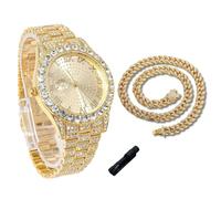 genkigold Orologio con Diamanti per Ragazzi - Quadrante Rotondo 43mm con Numeri Romani - Placcato in Oro 18K Cinturino 20,5cm - Include Strumento di Regolazione, Abbinato a Catena Cubana 40cm